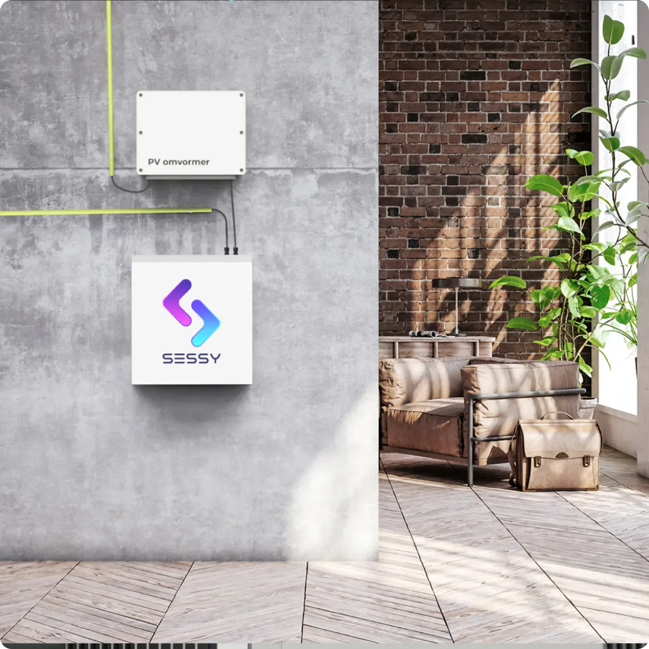 De Sessy thuisbatterij die de overbelasting kan voorkomen hangt aan een muur in huis