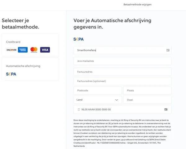 Ring abonnement betaalmethode sepa incasso