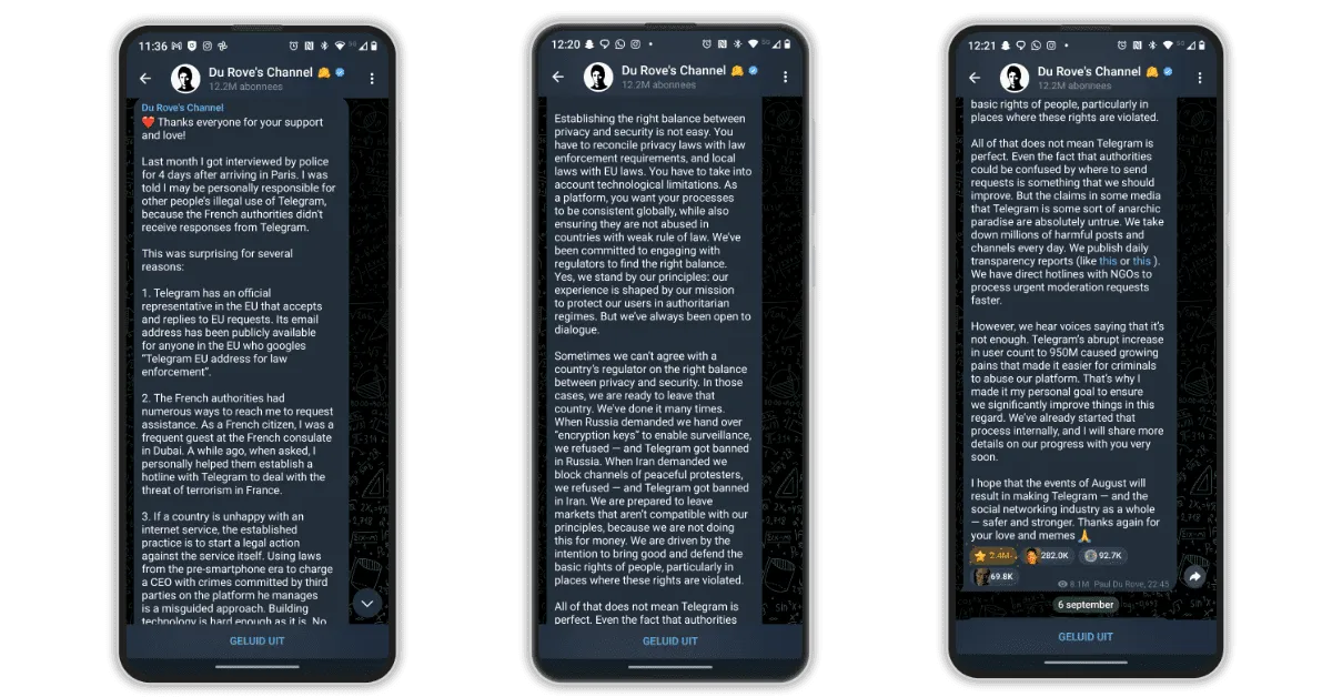Telegram CEO reageert op arrestatie via eigen kanaal